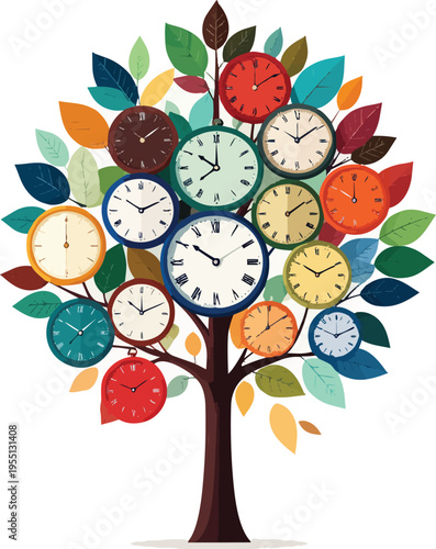 Vector Illustration of a Conceptual Time Management Tree with Branches of Leaves Depicted as Multiple Clock Faces All Showing Different Times and Deadlines on an Abstract Background