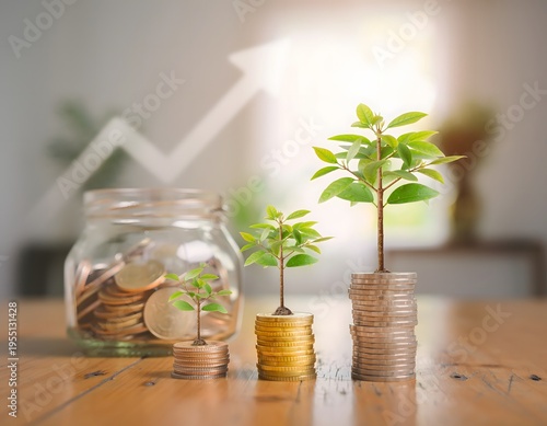 Economic Growth and Financial Investment Concept with Small Green Trees Sprouting from Stacks of Gold Coins Representing Business Ideas and Sustainable Wealth Management