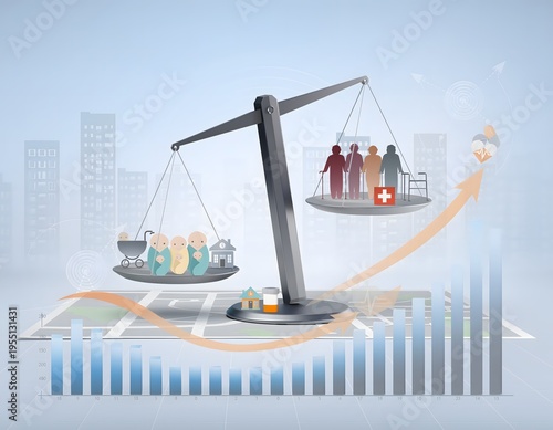 Vector Illustration of Demographic Shift and Population Decline Featuring an Ageing Society Overlapping a Low Birthrate Concept with Elder Care and Shrinking Workforce Symbols