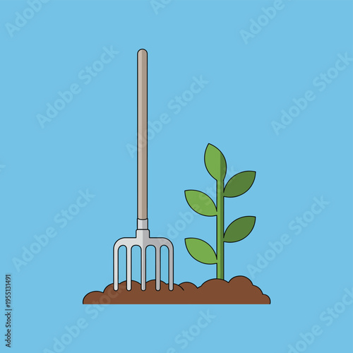 Gardening fork with young green plant in soil, concept of agriculture, farming, growth, and sustainable living