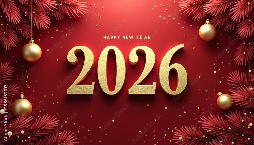 Naklejka premium Golden numbers 2026 show Happy New Year greeting on red background. Festive ornaments and red pine branches frame this luxurious celebration event. Festive background for winter holidays.