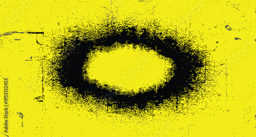 Abstract art piece featuring a black ring on yellow background with pixelated texture