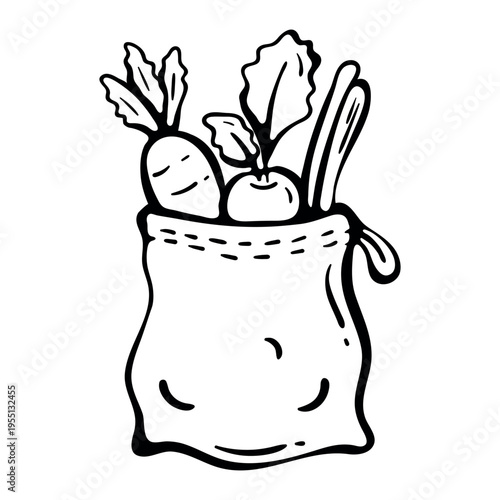Reuasble canvas bag with organic food icon for sustainable home. Hand drawn doodle illustration of ecofriendly shopping sack filled with fresh root vegetables.