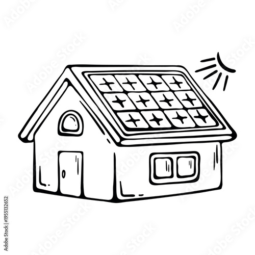 Solar panel house icon for green energy. Hand drawn doodle illustration of residential building with photovoltaic cells on roof for sustainable electrical power.
