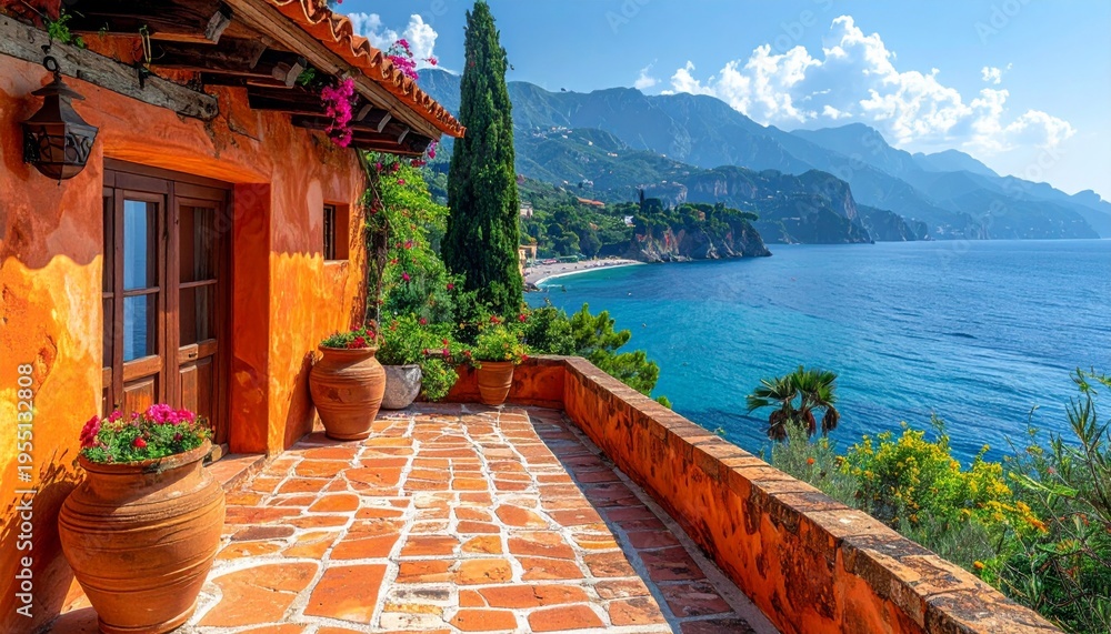 Fototapeta premium Terracotta Balcony Overlooking Turquoise Mediterranean Sea Coastal Town in Sunny Daylight