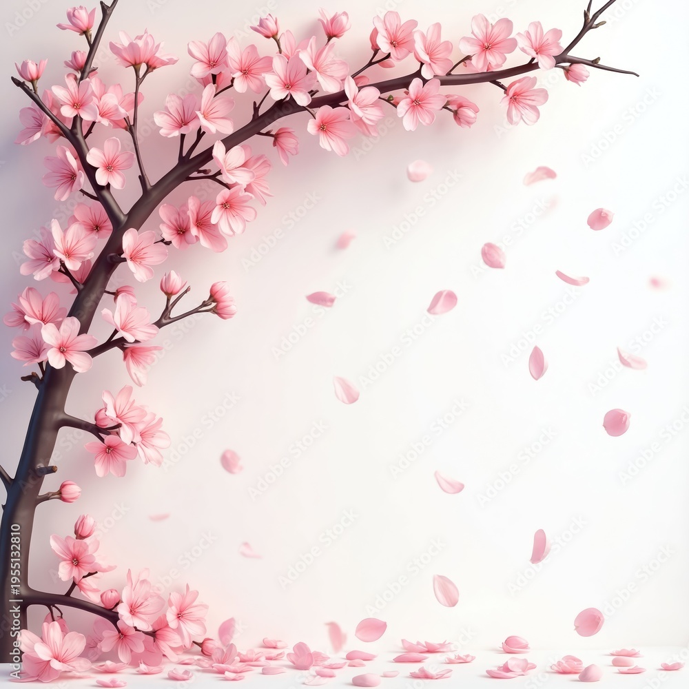 Fototapeta premium Pink cherry blossom branches with falling petals against a soft white background. Delicate floral elements create a beautiful spring or nature theme for graphic design. Peaceful botanical scene.