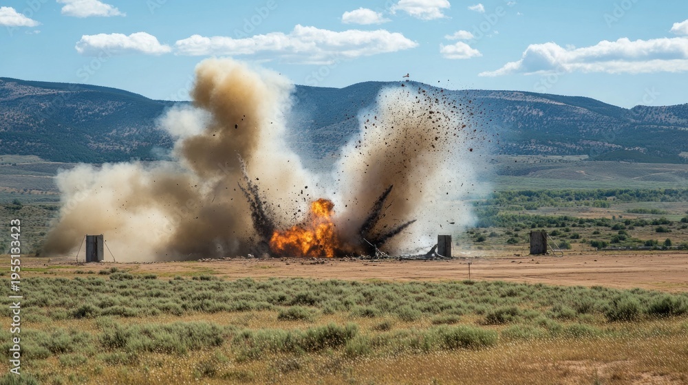 Fototapeta premium Dramatic explosion rips through an open field under a clear sky