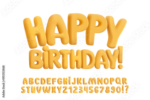 3D plasticine rubber font, inflatable balloon effect. Glossy yellow golden candy bubble letters. Chubby festive Y2K aesthetic, birthday party poster, playful design. Children graphics, title display