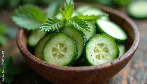 Freshly sliced green cucumber rounds with mint leaves in rustic wooden bowl. Crisp salad ingredient ready for healthy meal prep or appetiser garnish.