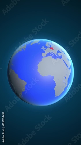 The animation shows a graphic representation of the earth and highlights the location and map of Poland colored red in vertical format.