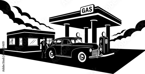 Car gas station in retro style. Classic car with gas station. Flat monochrome vector illustration. File in EPS format.