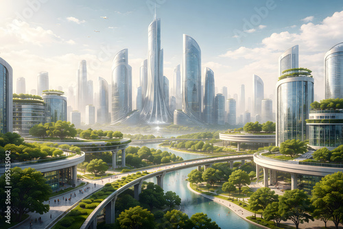 Futuristic Eco Friendly Smart City With Green Architecture And Clean Energy