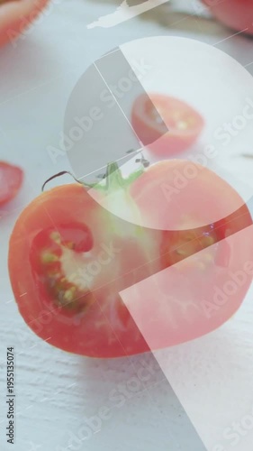 Vertical video: Halved tomato center while camera shifting triggers HUD numbers sliding for quality