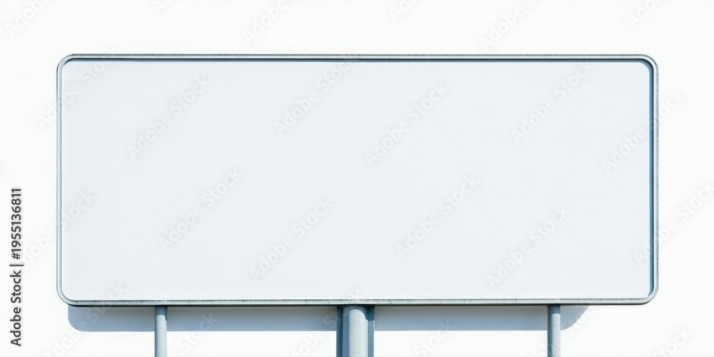 Obraz premium Blank rectangular sign mounted on metal supports. White surface against dark background. Simple design, potential for messaging.