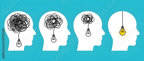 混乱から洞察へ思考プロセスを示す脳イラスト