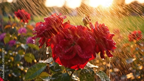 Red Roses with Water Droplets Gently Kissed by the Sunâ€TMs Golden Rays in a Serene Garden Setting