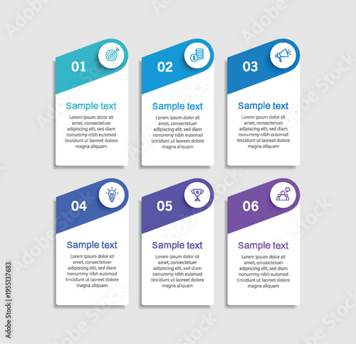 Infographic design business template with 6 options, steps. Can be used for workflow layout, diagram, annual report, web design	