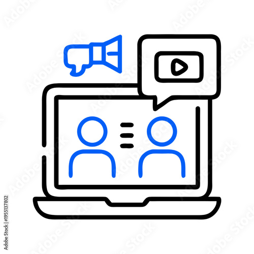 Laptop displaying video call with two participants and media icons