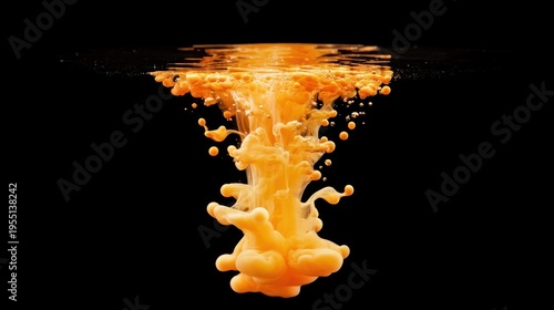 Abstract orange liquid dispersion dynamic fluid motion against black backdrop