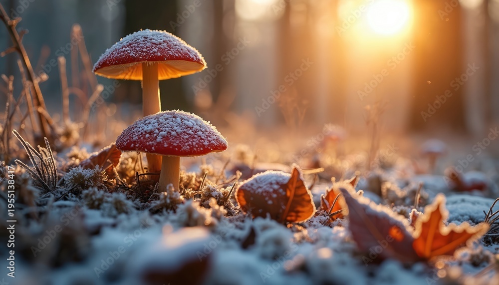 Obraz premium Two red mushrooms dusted with snow in a forest at sunrise. Frost covers the ground and fallen leaves. Warm sunbeams illuminate the tranquil natural scene.