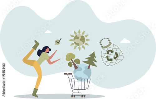 Eco friendly consumer with sustainable shopping habits .Environmental care with reusable and green product choices.person's life situation and his activities.