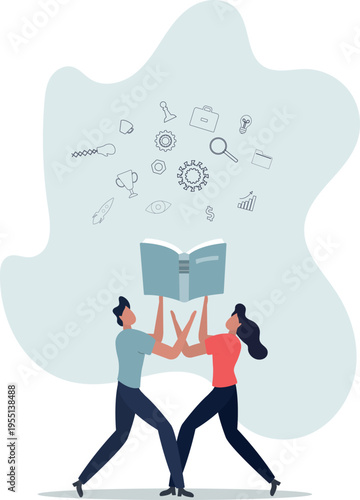 Brand storytelling marketing communication.open book and company workers presenting engaging information about personality and identity.person's life situation and his activities.