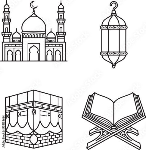 Islamic Icons Set for Hajj and Umrah Pilgrimage Season