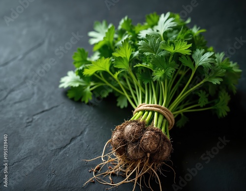 Fresh cilantro bunch with roots and bulbs. Green herb plant tied with twine on dark textured surface. Organic ingredient for cooking healthy meals.