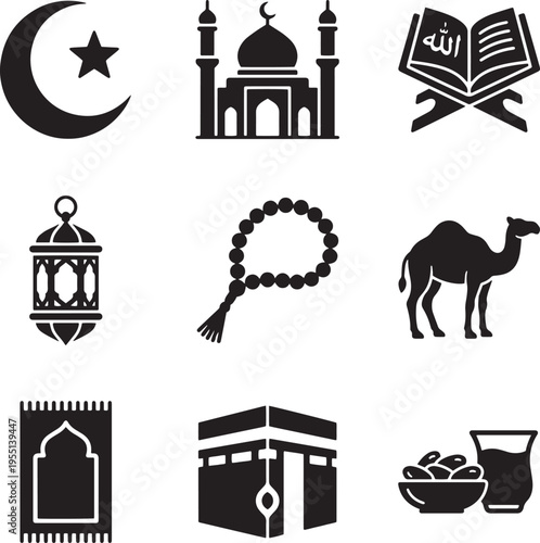 Islamic Religious Icons Set for Hajj and Ramadan Season