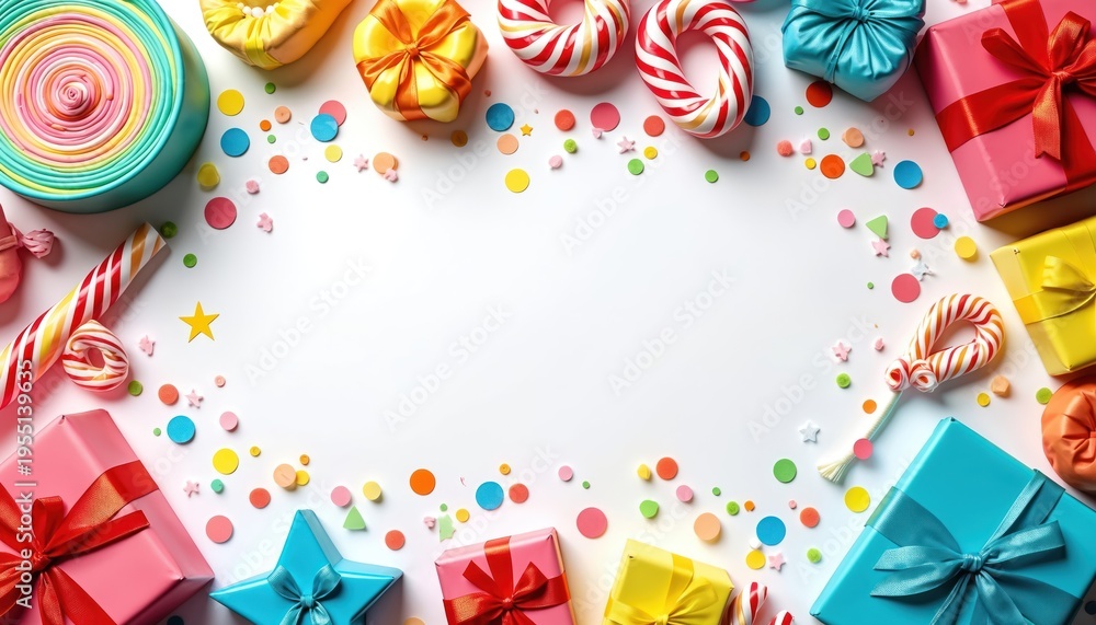 Fototapeta premium Festive arrangement of colorful gifts, sweets. Bright party favors like lollipops candy canes, confetti create joyful holiday atmosphere. Top view presents decorated with ribbons on white background.
