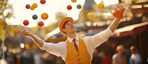 Man juggling colorful balls outdoors