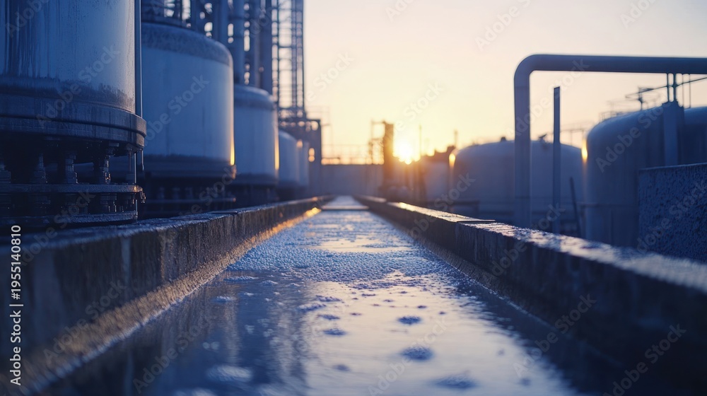 Obraz premium Industrial water channel flow at sunset