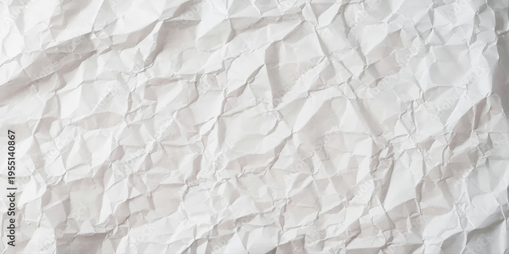 Naklejka premium Crumpled paper texture dominates image. White surface contrasts sharply with black background. Wrinkles create interesting patterns.