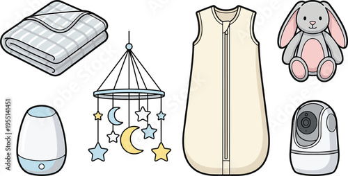 Baby nursery essentials displayed on a white background with blanket