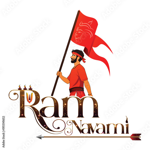 Ram Navami vector illustration with Jai Shri Ram devotee holding Bajrang Bali saffron flag and bow arrow for Hindu festival