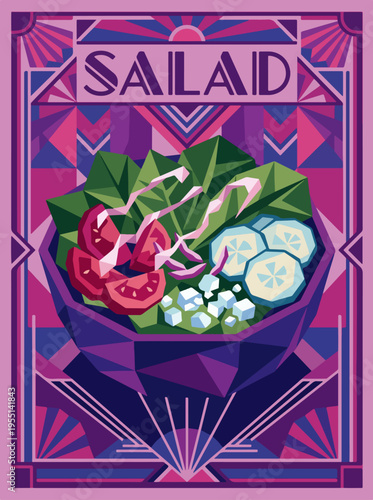 Salad poster illustration with tomatoes cucumber lettuce feta and onion