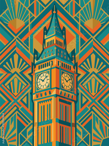 Big Ben clock tower art deco poster illustration