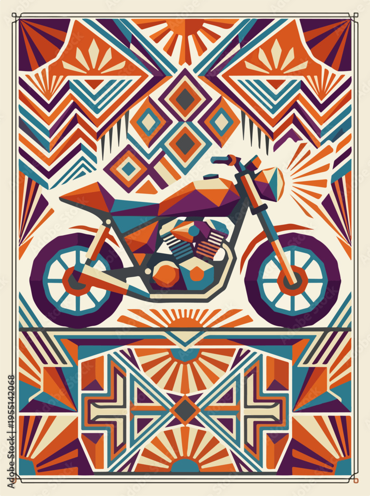 Fototapeta premium Geometric motorcycle illustration with art deco border
