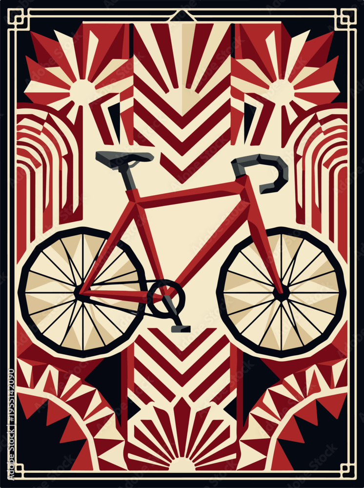 Fototapeta premium Road bicycle illustration with red and cream art deco design