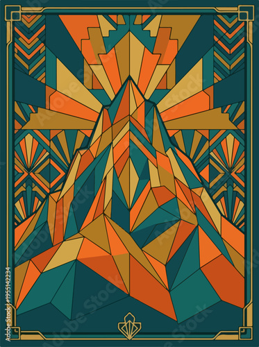 Faceted mountain peak with sunburst in art deco style
