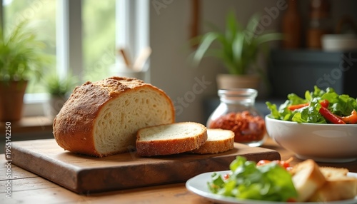 Fresh baked bread and vibrant green salad with red peppers sit on a rustic wooden table. Natural light illuminates the kitchen scene, suggesting a healthy meal preparation.