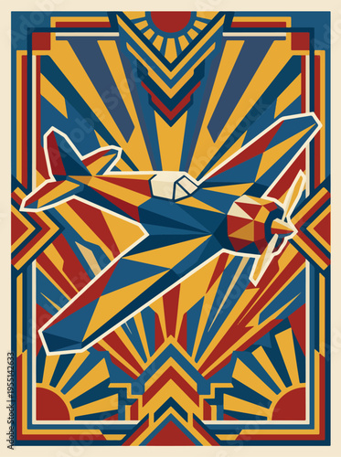 Single engine airplane with sunburst geometric poster illustration