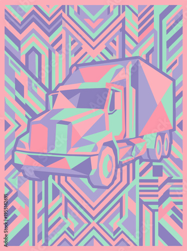 Faceted semi truck illustration with pastel geometric background
