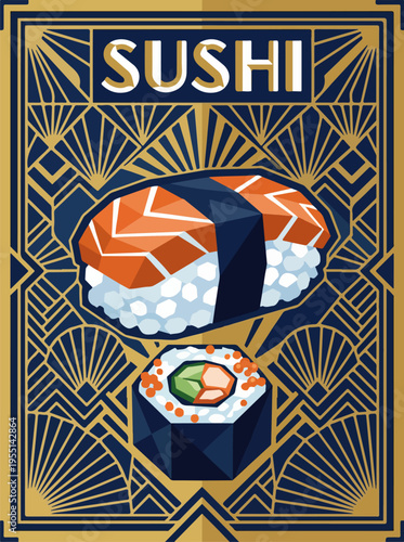 Sushi poster with salmon nigiri and maki roll on geometric background