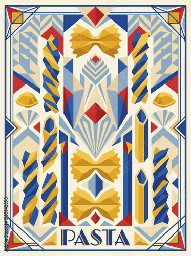 Pasta poster with penne rigatoni farfalle and spaghetti illustrations