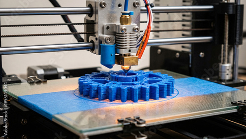 Desktop 3D printer creating a blue plastic gear on glass bed, industrial prototyping concept