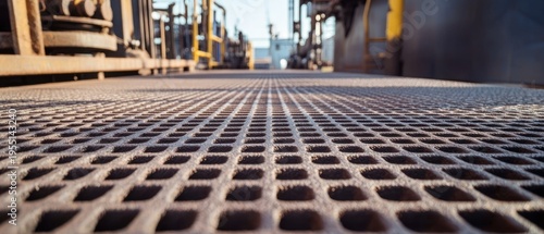 Industrial metal grid floor close up