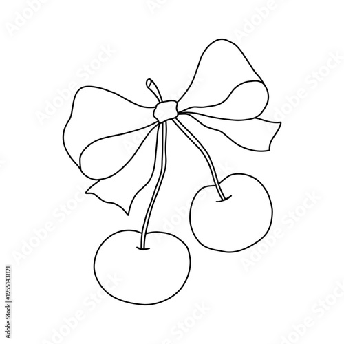Whimsical coquette-style doodle cherry with bow ribbon, black on white. Playful and elegant, ideal for invitations, logos, or crafts. Hand-drawn charm with romantic flair
