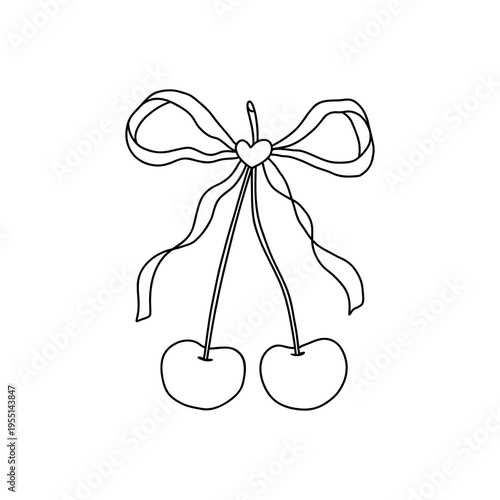 Whimsical coquette-style doodle cherry with bow ribbon, black on white. Playful and elegant, ideal for invitations, logos, or crafts. Hand-drawn charm with romantic flair