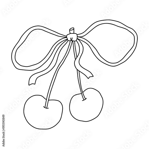Whimsical coquette-style doodle cherry with bow ribbon, black on white. Playful and elegant, ideal for invitations, logos, or crafts. Hand-drawn charm with romantic flair